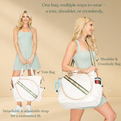 Tennis Bag for Women Racket Tote, Stylish Backpack - Unisex Racquet Sports Pickleball Bag Convertible Shoulder, Crossbody Strap Large Compartment - color: Tote - Ivory/Green Gold
