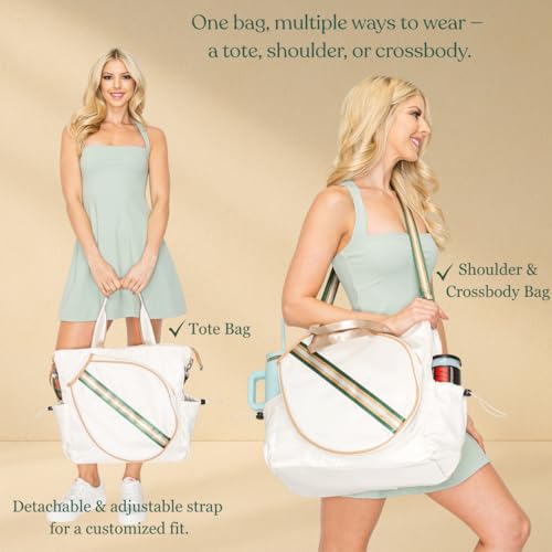 Tennis Bag for Women Racket Tote, Stylish Backpack - Unisex Racquet Sports Pickleball Bag Convertible Shoulder, Crossbody Strap Large Compartment - color: Tote - Ivory/Green Gold