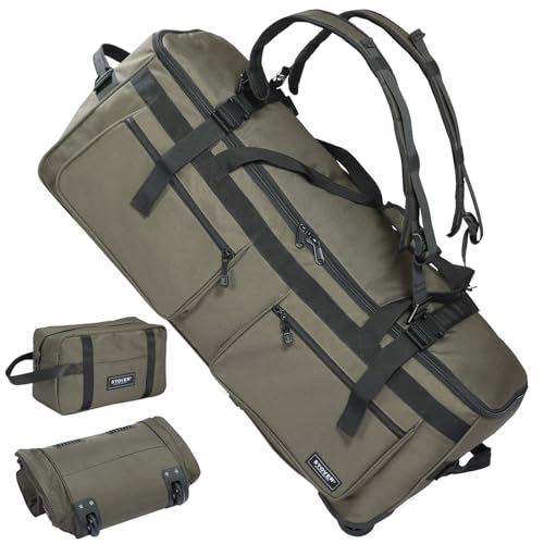 STOVER 45/80/100L U-Zip Rolling Duffel Bag with Wheels, X-Large Durable Travel Duffle + Toiletry Bag, Lay-Flat Opening, Packable w/Shoulder Straps- Use as Luggage or Backpack, Men/Women (Green) - color: U-Zip Green
