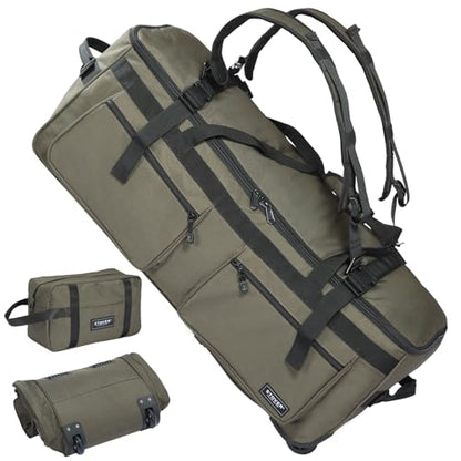 STOVER 45/80/100L U-Zip Rolling Duffel Bag with Wheels, X-Large Durable Travel Duffle + Toiletry Bag, Lay-Flat Opening, Packable w/Shoulder Straps- Use as Luggage or Backpack, Men/Women (Green) - color: U-Zip Green