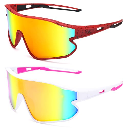 Kids Baseball Sunglasses - Youth Baseball Sunglasses for Boys Girls - Sports Softball Shades Age 6-14 - color: A5 Red / Orange Mirror + White / Gold Mirror