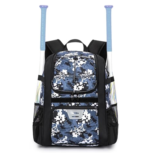 KAVIGOR Youth Baseball Bag, Softball Bag for Girls & Boys, Kids Tball Backpack with Shoes Compartment - color: Blue Camo