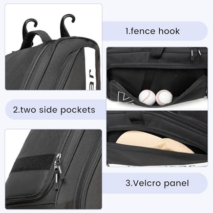 Catchers Gear Bag with Wheels for 4 Bats, Rolling Baseball Softball Bag With Multi-Pockets, Fence Hook, Holds All Baseball Equipment. - color: Black