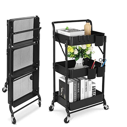 Foldable 3 Tier Metal Utility Rolling Cart, Folding Mobile Multi-Function Storage Trolley Organizer Cart for Home Library Office(Black) - color: Black
