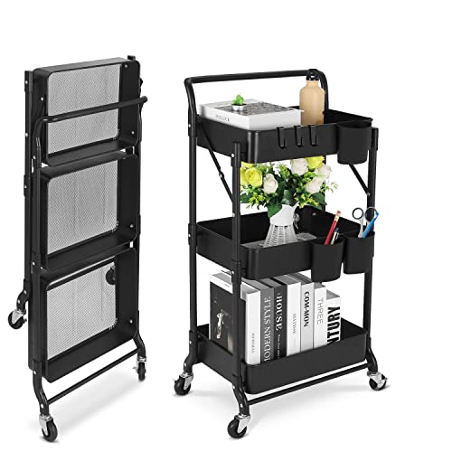 Foldable 3 Tier Metal Utility Rolling Cart, Folding Mobile Multi-Function Storage Trolley Organizer Cart for Home Library Office(Black) - color: Black