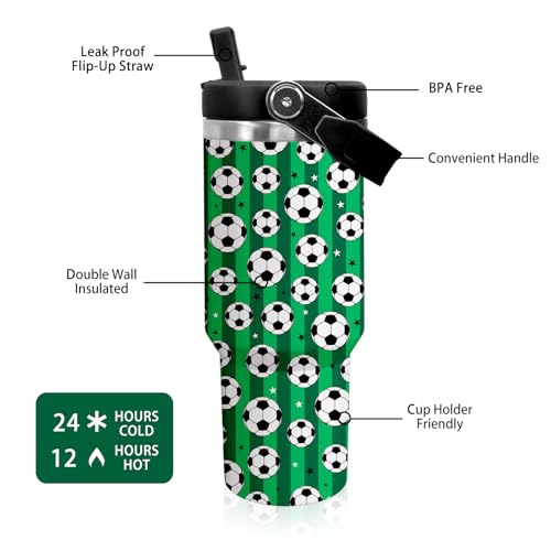 30 oz Tumbler with Handle Flip Straw Leak Proof - Soccer Cup 30oz Tumbler Travel Coffee Mug with Handle - Birthday Gifts for Women Men Soccer Lovers Fans 30 Ounce Stainless Steel Cup - color: Soccer Green