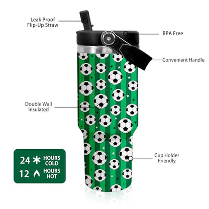 30 oz Tumbler with Handle Flip Straw Leak Proof - Soccer Cup 30oz Tumbler Travel Coffee Mug with Handle - Birthday Gifts for Women Men Soccer Lovers Fans 30 Ounce Stainless Steel Cup - color: Soccer Green