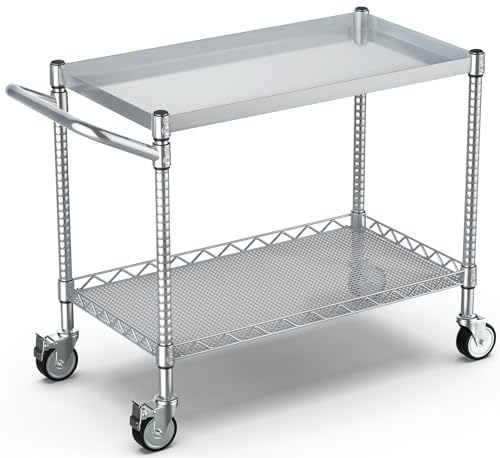 Leteuke 2 Tier Utility Tool Cart with Wheels, Heavy Duty Rolling Utility Carts with Handle, Commercial Grade Metal Serving Storage Cart for Warehouse Garage Kitchen, 25" D x 38.98" W x 40" H-Silver - color: 2-silver, size: 2 Tier