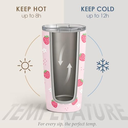 SANDJEST Strawberry Tumbler 20oz, Stainless Steel Travel Cup with Lid, Insulated Coffee Mug, Strawberry Gifts for Women Girls Friends Sisters on Birthday Christmas - color: Strawberry 1