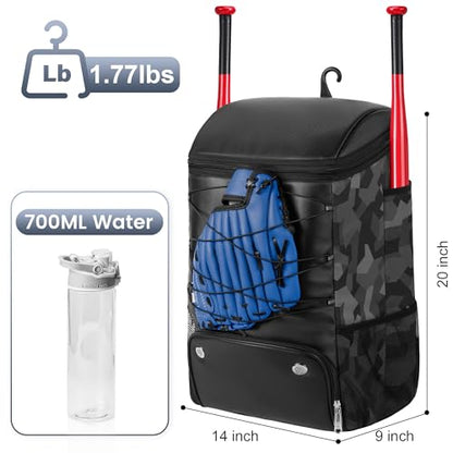 Softball Bag for Youth Adult, Large Leather Baseball Bat Backpack with Shoe Compartment, Waterproof Baseball Bag with Fence Hook for TBall Bat & Equipment