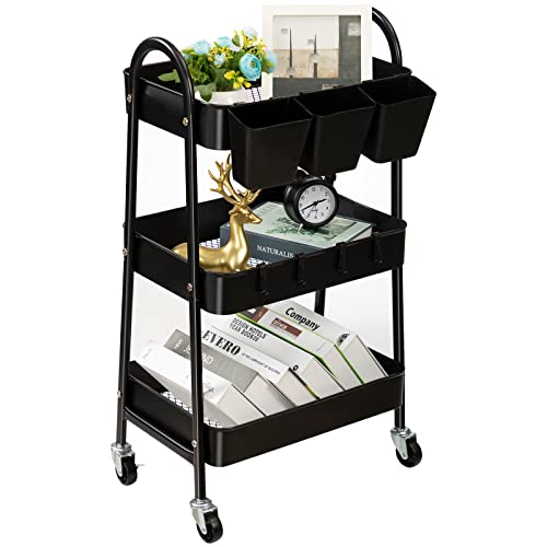 danpinera 3-Tier Rolling Cart, Utility Cart Mobile Metal Rolling Storage Cart with Lockable Wheels & Hanging Cups & Hooks for Kitchen, Bathroom, Office, Workshop, Black - color: Black, size: Normal (3 tier)