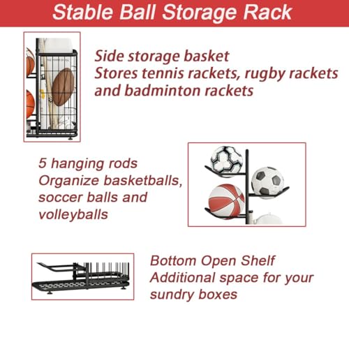 INGIORDAR Ball Storage Basketball Rack Organizer Sports Equipment Garage Stand 6 Tier for Football Volleyball Soccer Indoor Outdoor, Black