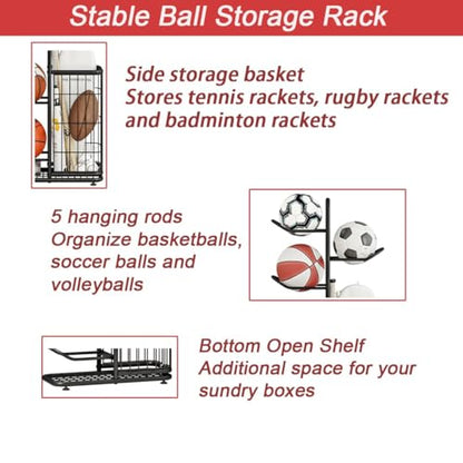 INGIORDAR Ball Storage Basketball Rack Organizer Sports Equipment Garage Stand 6 Tier for Football Volleyball Soccer Indoor Outdoor, Black