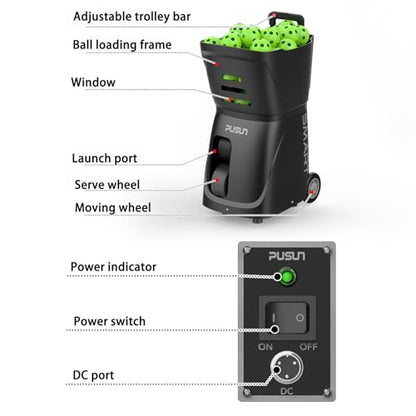 PP-SMART-【Smart Pickleball Machine】 80+ Ball Capacity | 4-6 Hours Battery Life | Speed 20-120km/h | 20 Landing Points | APP Control | Ideal for Training/Teaching/Matches