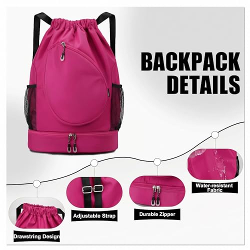 Sports Drawstring Backpack, Badminton Gym Bag Holds 2 Rackets with Shoe Compartment, Off-work, Everyday & Overnight Weekend - color: Fuchsia
