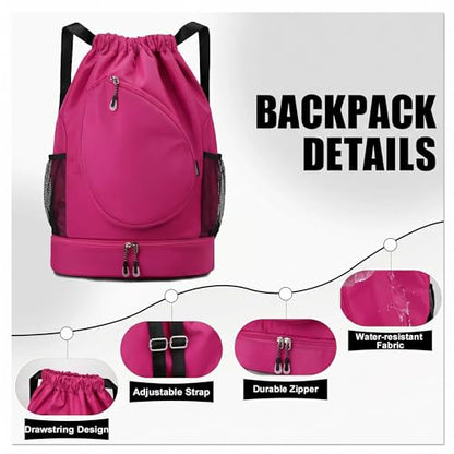 Sports Drawstring Backpack, Badminton Gym Bag Holds 2 Rackets with Shoe Compartment, Off-work, Everyday & Overnight Weekend - color: Fuchsia