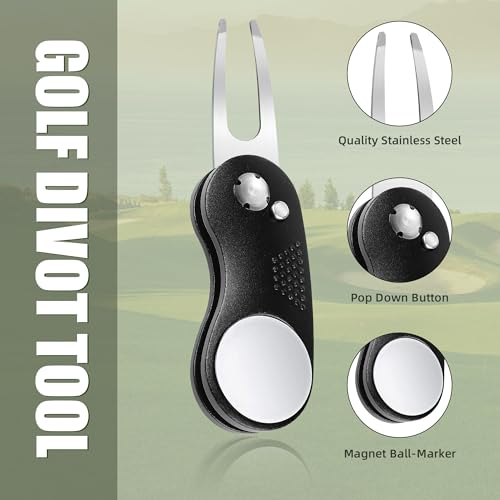 Mile High Life Golf Divot Repair Tool, All Metal Foldable Divot Tool with Pop-up Button & Magnetic Ball Marker - color: Black Curve