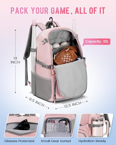 MATEIN PRO Girls Softball Bag with Helmet Net, Lightweight Softball Backpack with Ventilated Shoe Compartment & Organizer Pocket, Youth Baseball Bag with Side Pockets for 40oz Tumbler & TBall Bats