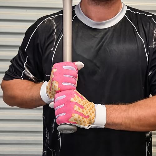 JenPen 1 Pair Youth Ice Cream Drip Batting Gloves 6 Inch Baseball Batting Gloves Long Cuff Leather Ice Cream Drip Pattern Mitt Grip Finger for Softball Teeball Baseball Kids Youth Boys - color: Pink, size: M Size