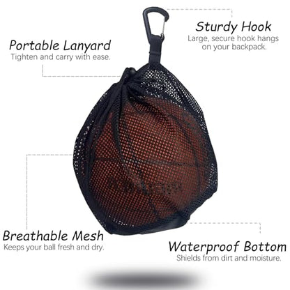 Single Mesh Ball Bag with Extra-Large Opening and Zipper Pocket - Basketball Bag with Quick-Release Buckle - Fits Most Backpacks - for Basketball, Soccer, Volleyball
