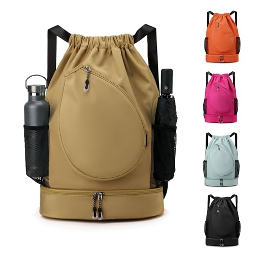 Sports Drawstring Backpack, Badminton Gym Bag Holds 2 Rackets with Shoe Compartment, Off-work, Everyday & Overnight Weekend - color: Khaki
