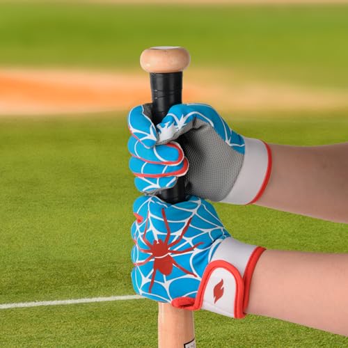 Youth Baseball & Softball Batting Gloves for Kids with Super Grip Fit - color: Spider Blue, size: Youth M/L(6in-6.5in)