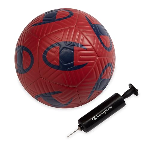 Champion Playmaker Logo Deflated Soccer Ball with Pump, Size 5 Soccer Ball, Durable Panels for Kids, Youth & Adults, Indoor/Outdoor Training Ball with Inflation Hand Pump - color: Tango Red/Medevil Blue, size: 4