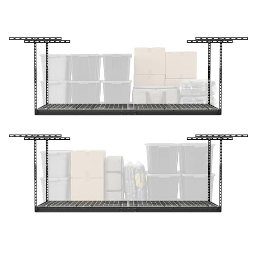 MonsterRax Overhead Garage Storage Racks 3x8’ (2-Pack) Ceiling Mounted Shelving, Adjustable Hanging Organizer, Heavy Duty Steel, Holds 500 Pounds, Color:Hammertone, Adjustable12"-21” from Ceiling