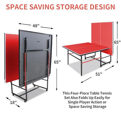 IUNNDS Portable Table Tennis Table 6/8/8.5/9FT Foldable Ping Pong Game Set for Indoor with Net and Post Set, 2 Paddles and 3 Balls - color: Red-8FT
