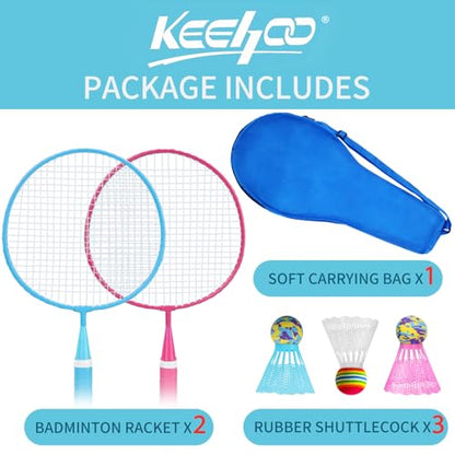 KH Badminton Rackets Set of 2 4 6 for Adults Kids,Beach Lawn Backyard Game Outdoor Sports,Racquets,Shuttlecocks & Carry Bag Included - color: Red, Blue (Kids)