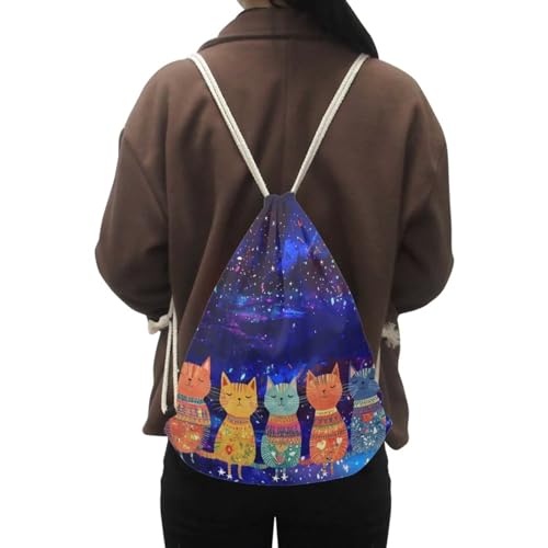 Mumeson Cat Starry Sky Backpack Cinch Sack String Travel Drawstring Bag Storage Pouch Pig Gifts for Women Girls Kids - color: Cat Starry Sky