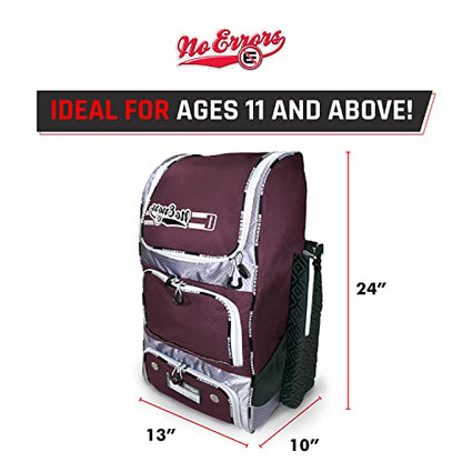 No Errors Top Pick Baseball Backpack for Kids - Heavy Duty Youth Baseball and Softball Bag with Fence Hooks - Dual Glove and Bat Compartments - color: Maroon