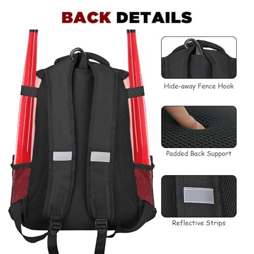 Goloni | Baseball Backpack,Baseball Bag for Adult,Softball Bat Bag with Shoes Compartment,Large Main Compartment for Helmet & accessories, Fence Hook