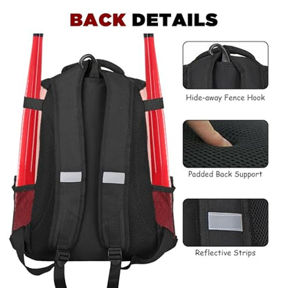 Goloni | Baseball Backpack,Baseball Bag for Adult,Softball Bat Bag with Shoes Compartment,Large Main Compartment for Helmet & accessories, Fence Hook
