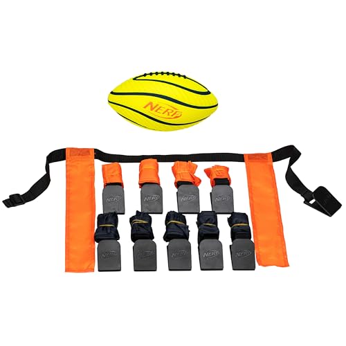 Nerf 10 Player Flag Football Belts + Ball Set - Youth Flags + Junior Foam Football for Kids - Full Kit for 5 v 5 Games - Includes (10) Belts + 1 Foam Ball