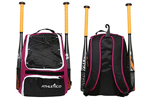 Athletico Baseball Bat Bag - Backpack for Baseball, T-Ball & Softball Equipment & Gear for Youth and Adults | Holds Bat, Helmet, Glove, & Shoes |Shoe Compartment & Fence Hook - color: Maroon