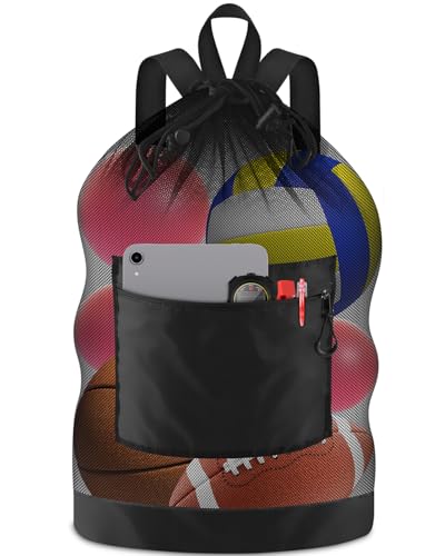 BROTOU Soccer Ball Bag with Double Shoulder Strap Large Mesh Sports Equipment Net Bag with Top Handle Heavy Duty Drawstring Bags Team Work for Basketball, Volleyball, Baseball, Swimming Gear - size: 17" X 27" (hold to 3 soccer ball)