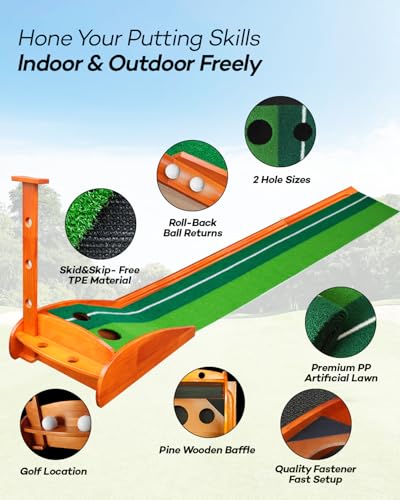IDEASKY Golf Putting Green Mat with Auto Ball Return, Crease-Free Indoor Practice Training Aid with Alignment Lines & Non-Slip Base for Home Office, Golf Gifts for Men Dad