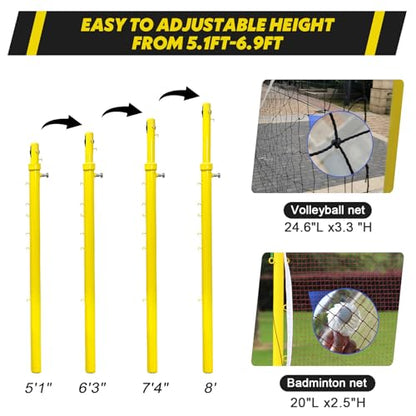 Volleyball/Badminton Net Poles,Volleyball Poles with Wheels,Adjustable 4 Heights 5ft-6.8ft Volleyball Net with Poles for Kids, Adults,Outdoor & Indoor (Blue+Yellow) - color: Blue+yellow