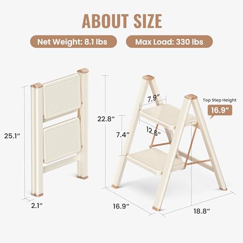2 Step Ladder, 2 Step Stool for Adults, Folding Step Ladder with Secure Footing, Widened Pedal, Aesthetically Pleasing Looking, Blends Right into Domestic Rooms, Cream Chocolate - size: 2 Step