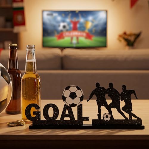 Smile Soccer GOAL Wooden Standing Decor Set, 2-Piece Black Player Silhouette & Text Tiered Tray Tabletop Signs with Stands for Game Day & Sports Party Decorations - style: Letter Goal