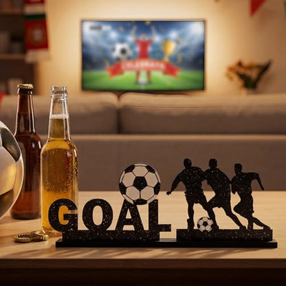 Smile Soccer GOAL Wooden Standing Decor Set, 2-Piece Black Player Silhouette & Text Tiered Tray Tabletop Signs with Stands for Game Day & Sports Party Decorations - style: Letter Goal