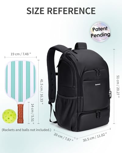 sportsnew Pickleball Bag Large Sports Pickleball Backpack with Shoe Compartment for Men Women, Patent Pending - color: Black
