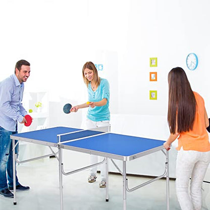 Goplus Foldable Ping Pong Table, 100% Preassembled, Table Tennis Table with Net, 2 Paddles, Ping Pong Balls, Portable Table Tennis Game Set for Indoor Outdoor - style: Blue-60''