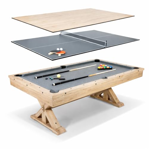7 FT 3 in 1 Multi Game Pool Table with Dining Top Ping Pong Table Combo, Includes Pool Table Accessories and Tennis Paddles.