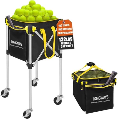 Pickleball Tennis Ball Hopper-Foldable Lightweight Tennis Cart Holds 180 Tennis/160 Pickleballs with Removable Bag,Wheels,Side Pocket for Training/Teaching, for Tennis/Pickleball/Baseball/Softball - style: Yellow