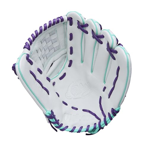 Wilson 2026 A500 Siren Fastpitch Softball Gloves - color: White/Seafoam/Purple, size: Infield/Pitcher: 12"