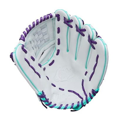 Wilson 2026 A500 Siren Fastpitch Softball Gloves - color: White/Seafoam/Purple, size: Infield/Pitcher: 12"