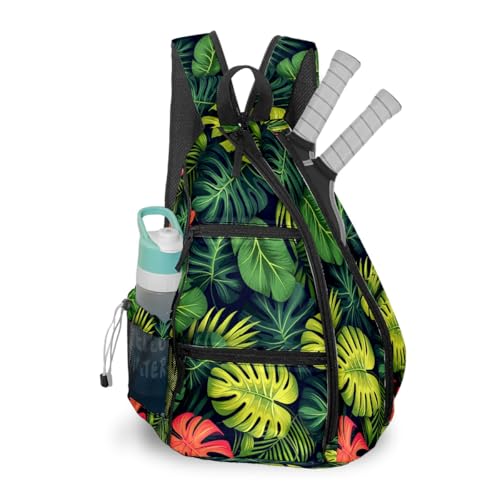 Pickleball Bag Tropical Leaves Pickle Ball Backpack for Women Men Premium Lightweight Crossbody Sling Bag Sports Backpack for Pickleball Paddle Tennis - color: Tropical Leaves Green