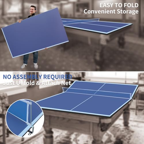 9 FT Medium-Sized Foldable Table Tennis Table for Pool Tables, Indoor/Outdoor Table Tennis Conversion Top, with Net and Quality Foam Padding, Lightweight and Portable - Blue